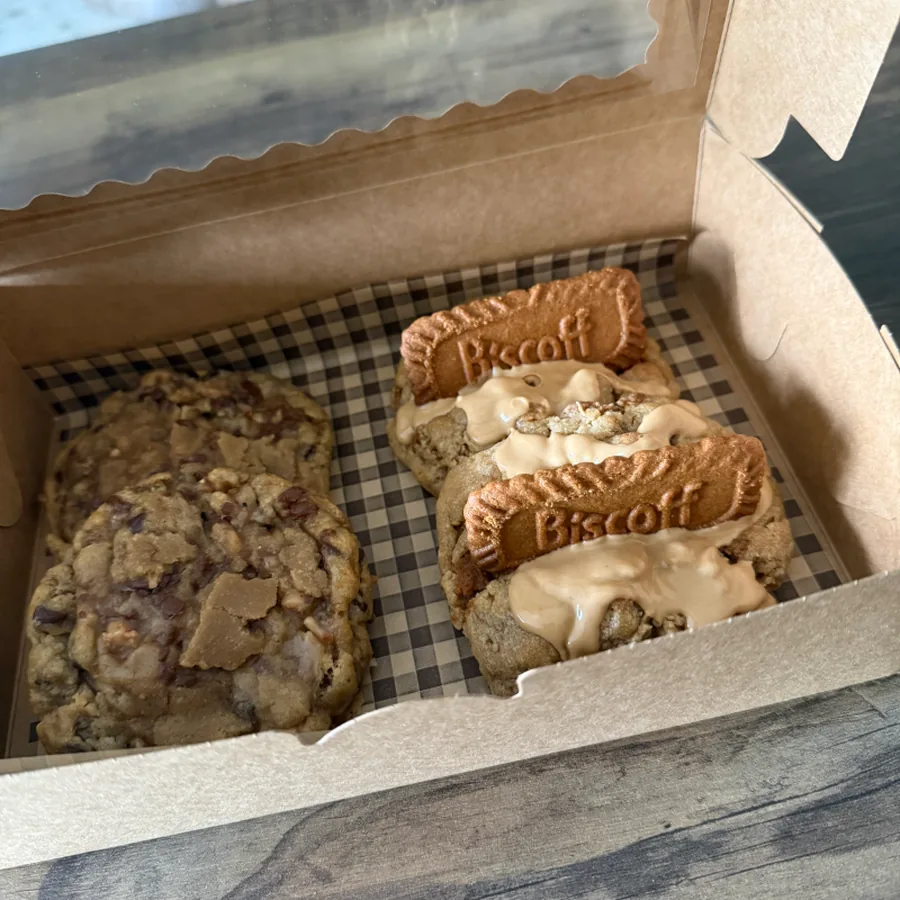 Two Biscoff cookie butter cookies in a bakery box