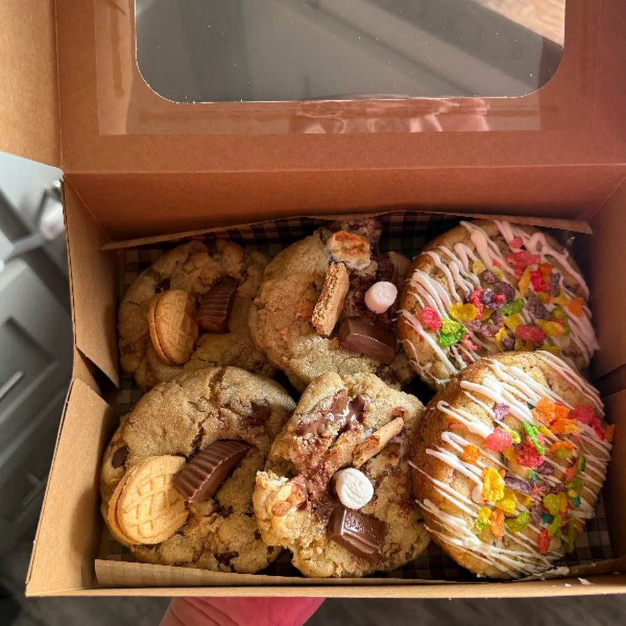 Bakery box of assorted cookies including sprinkle, Biscoff and chocolate chip